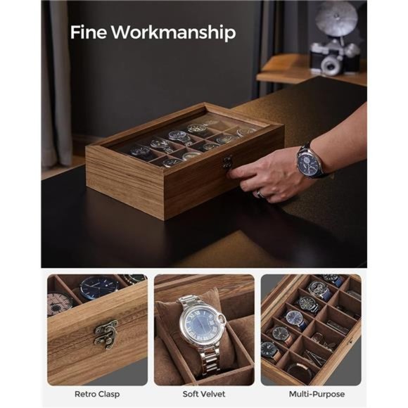 12-Slot Wood Watch Box Organizer with Large Glass Lid, Removable Pillows - Picture 3 of 7